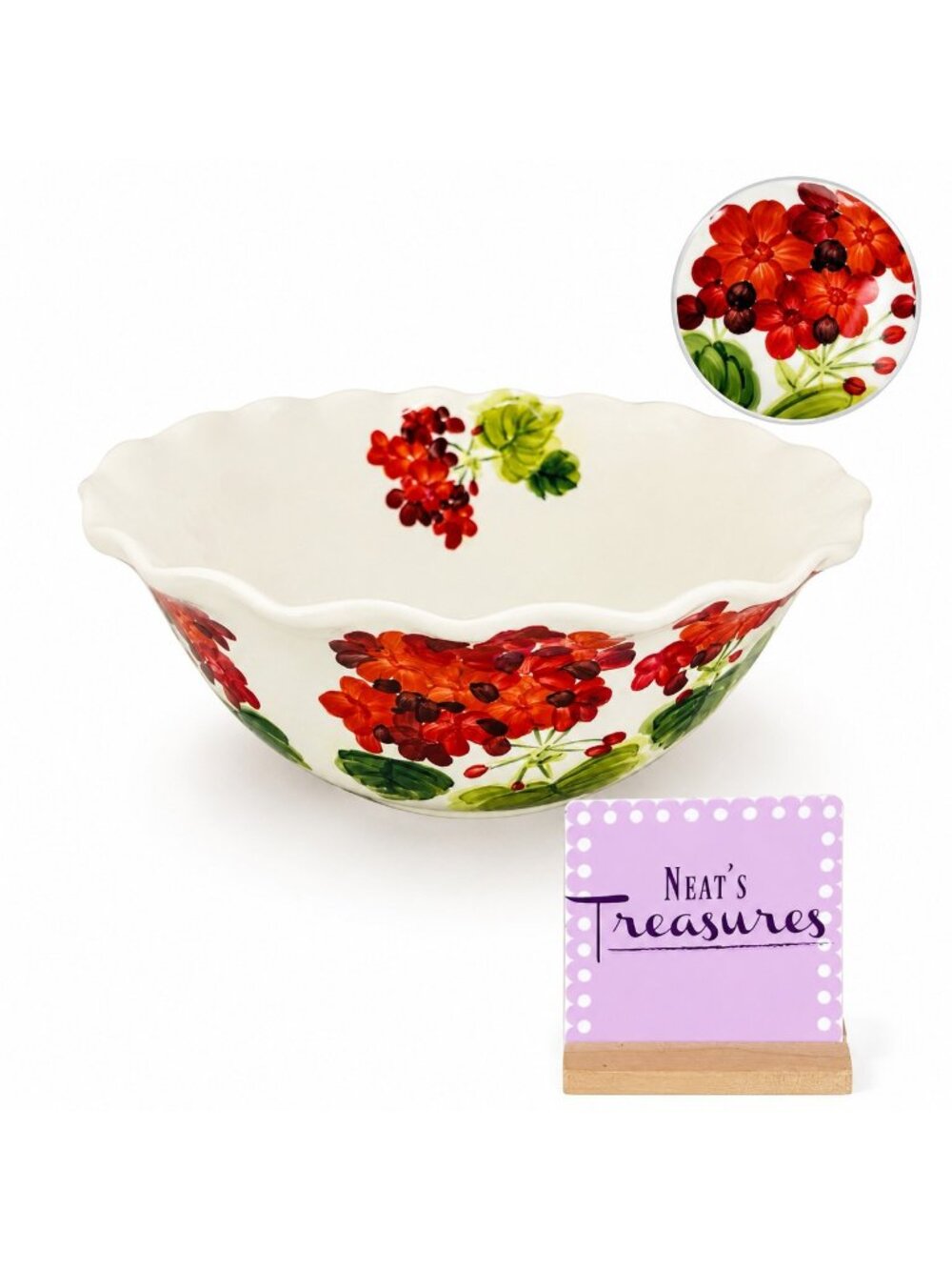 Maxcera GERANIUM  Red Floral Green Leaves Large 12" Ruffled Ceramic Serving Bowl